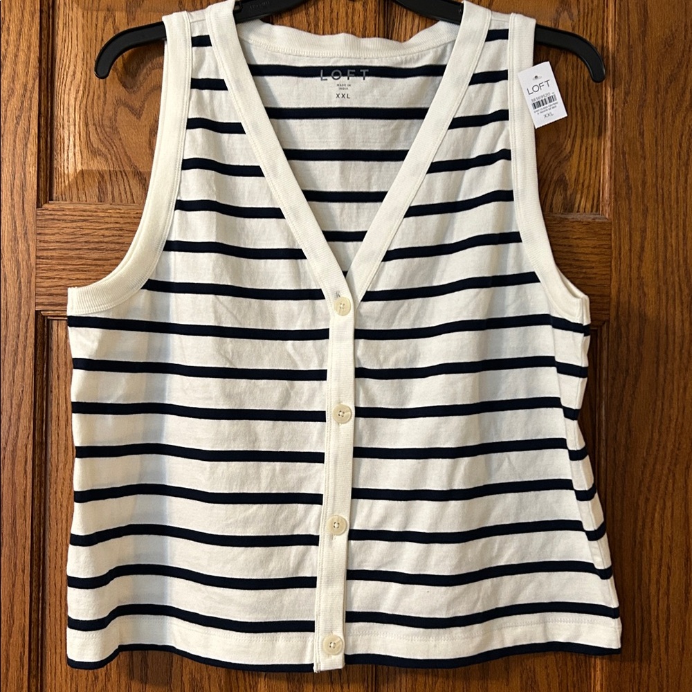 LOFT Women's White & Navy Striped Button-Front Tank